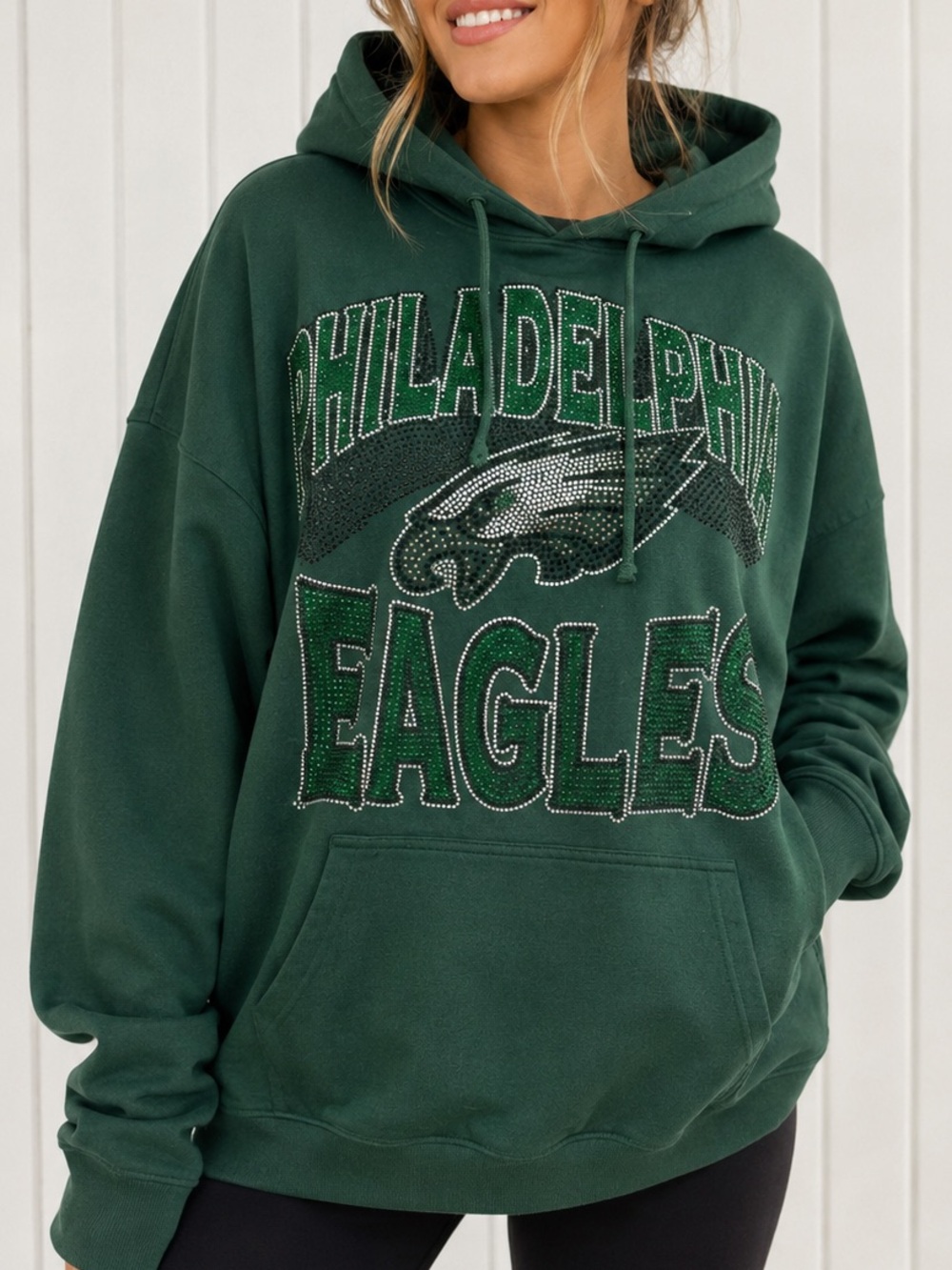 Philadelphia Eagles Green Rhinestone Bling Pullover Hoodie Sweatshirt Size L
